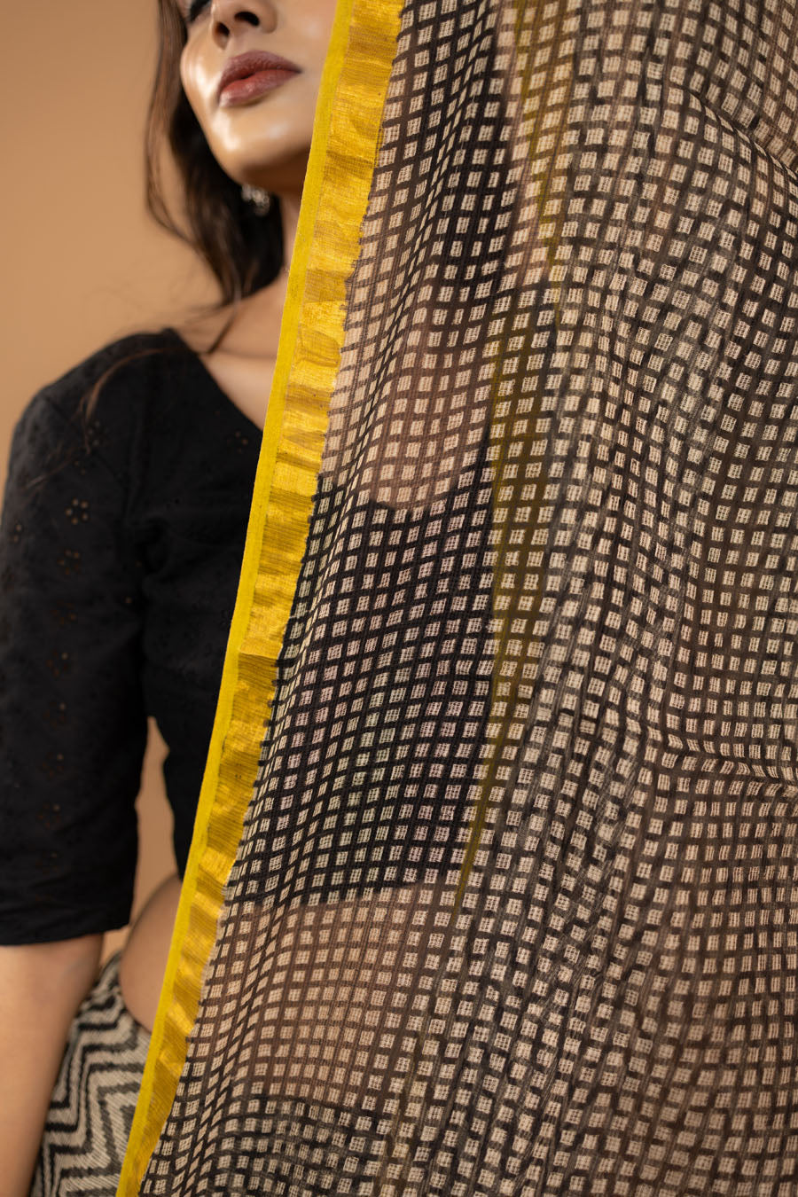 Sheer Grace black zig zag hand block printed pure kota cotton saree