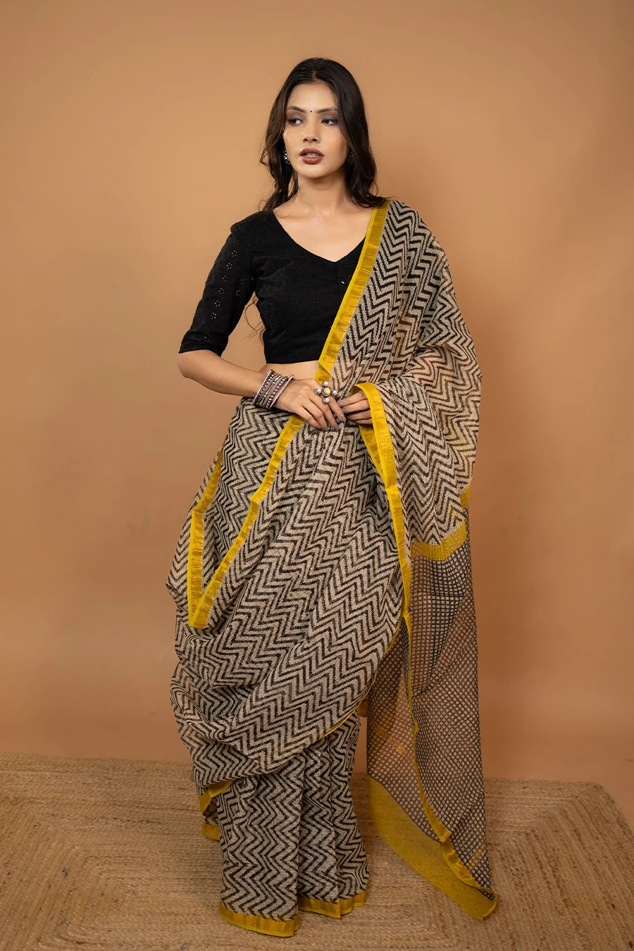Sheer Grace black zig zag hand block printed pure kota cotton saree