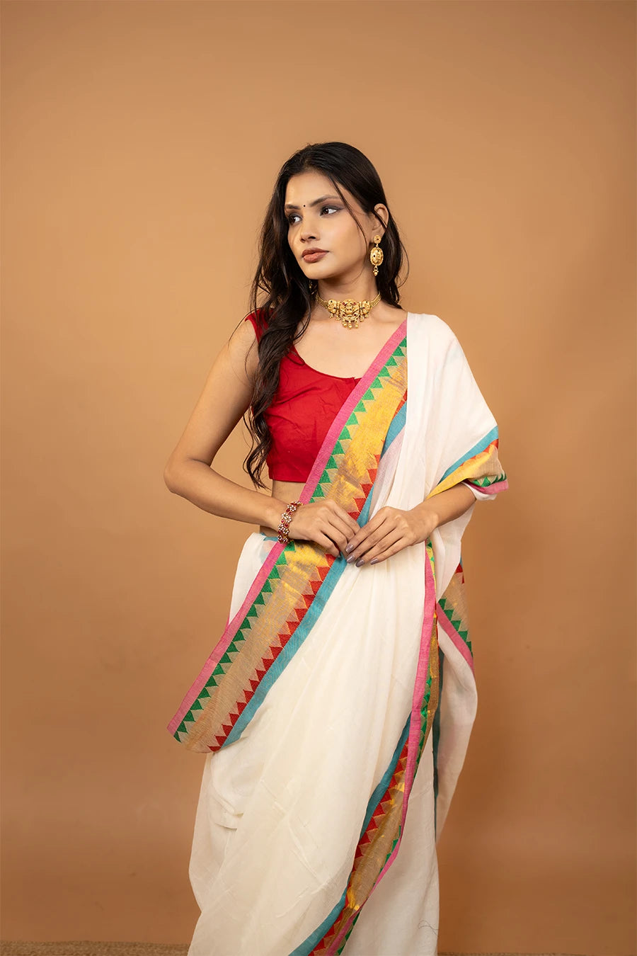 Chaand cream pure mul cotton saree with zari border