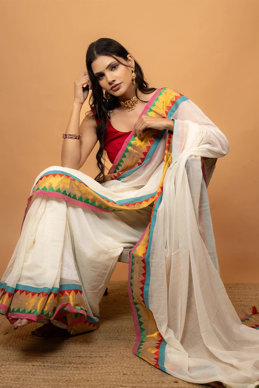 Chaand cream pure mul cotton saree with zari border