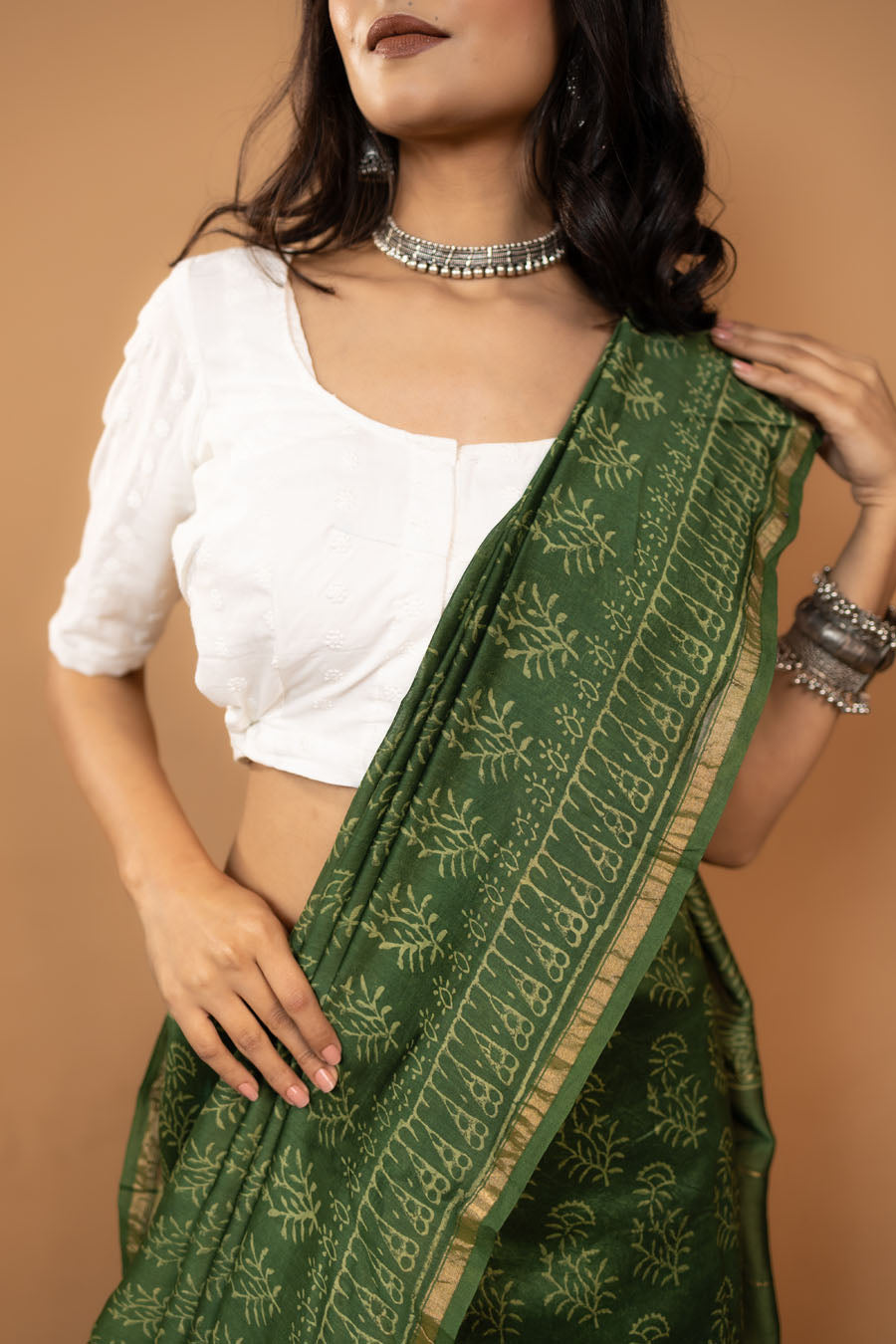 Champakali green hand block printed Chanderi silk saree
