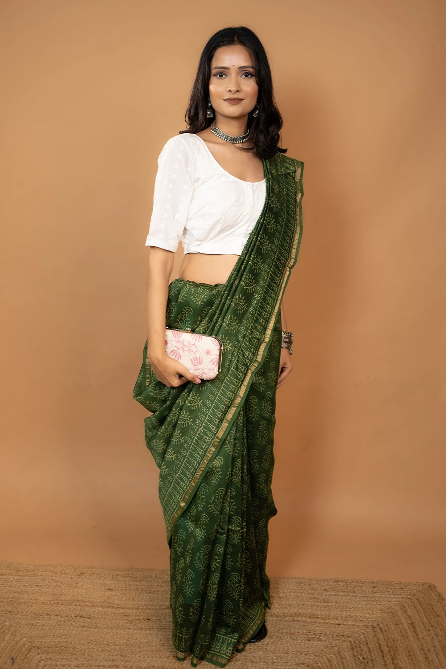 Champakali green hand block printed Chanderi silk saree