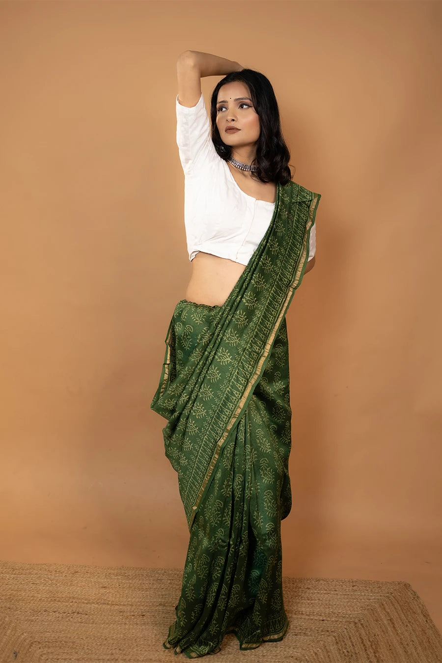 Champakali green hand block printed Chanderi silk saree