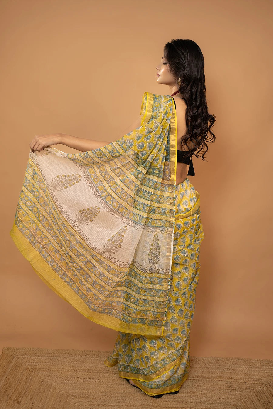 Ethereal Cotton yellow hand block printed pure kota cotton saree