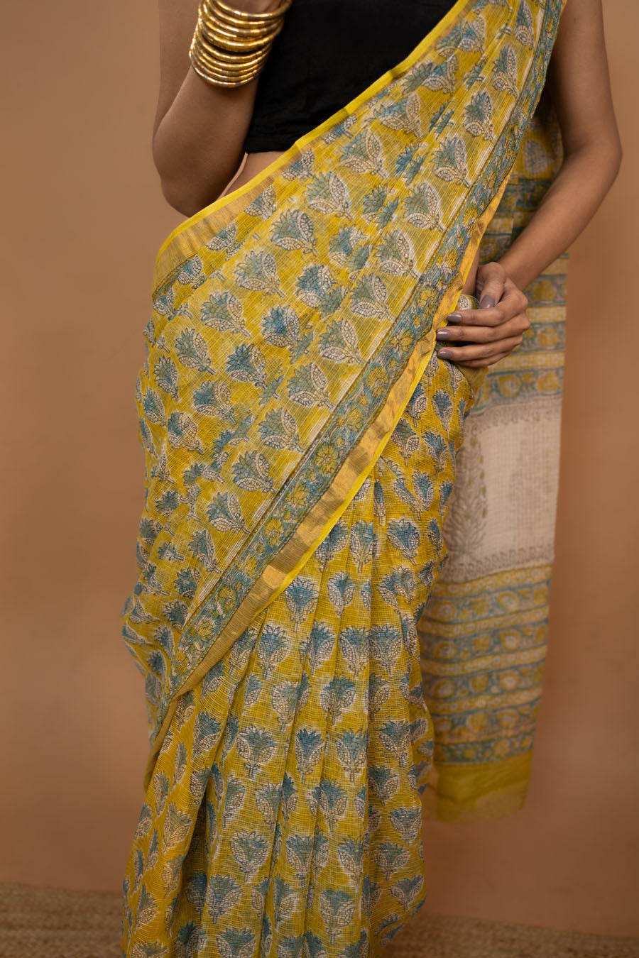 Ethereal Cotton yellow hand block printed pure kota cotton saree