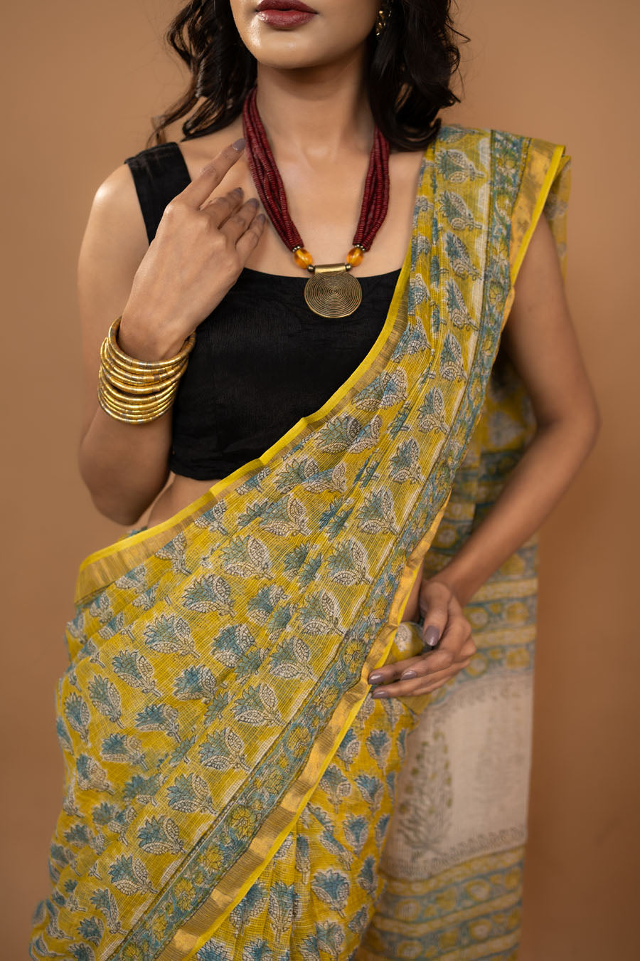 Ethereal Cotton yellow hand block printed pure kota cotton saree