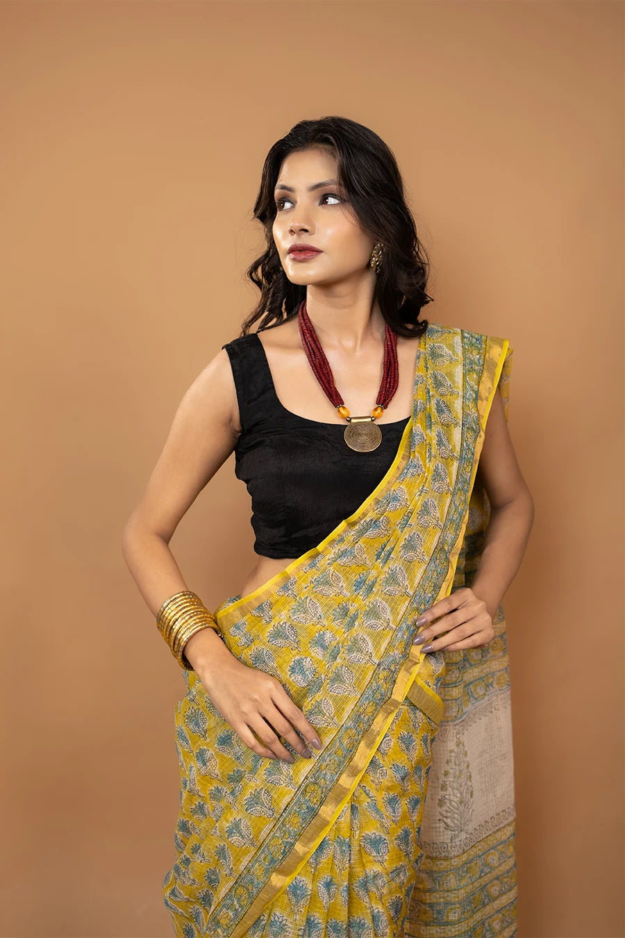 Ethereal Cotton yellow hand block printed pure kota cotton saree