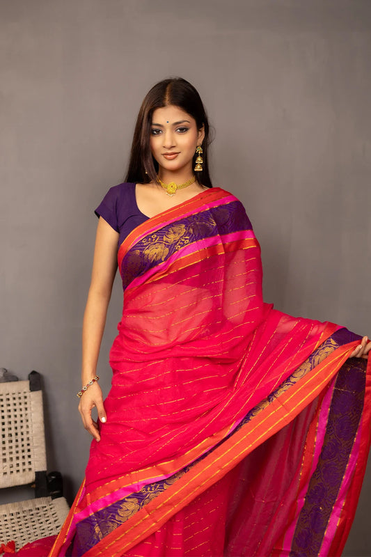 Ethnic Muse - Red Mulmul Cotton Saree with Tassels MeMaana