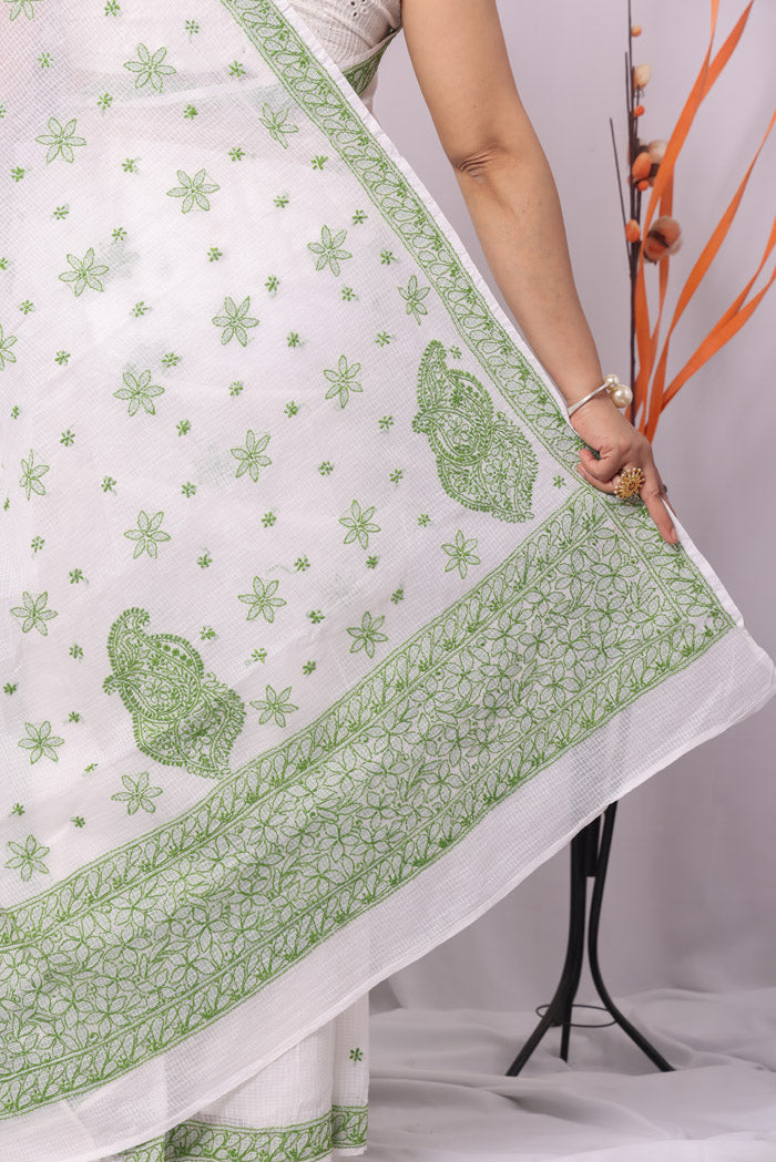 Fabnuma Handcrafted White Kota Cotton Chikankari Saree-Blouse Fabnuma