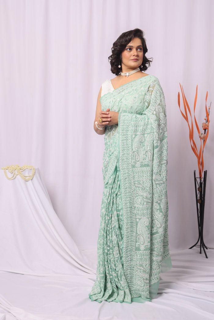 Fabnuma Handcrafted Pista Green Georgette Sequence Pearl Work Chikankari Saree-Blouse Fabnuma