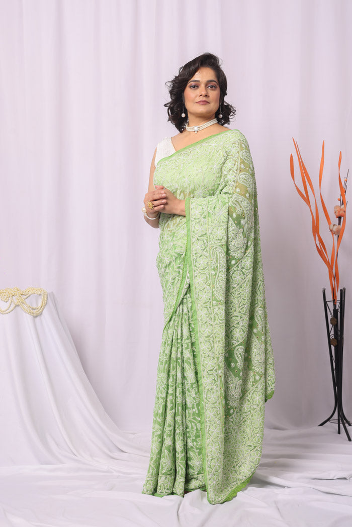 Fabnuma Handcrafted Green Georgette Allover Chikankari Sequence Pearl Work Saree-Blouse Fabnuma