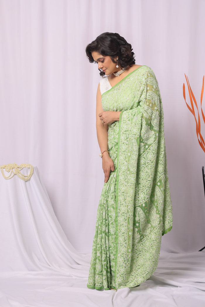 Fabnuma Handcrafted Green Georgette Allover Chikankari Sequence Pearl Work Saree-Blouse Fabnuma