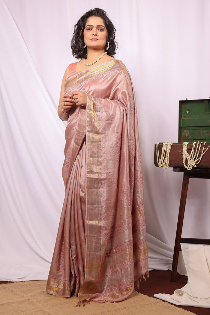 Fabnuma Handcrafted Bronze Tussar Silk Zari Border Chikankari Saree-Blouse Fabnuma