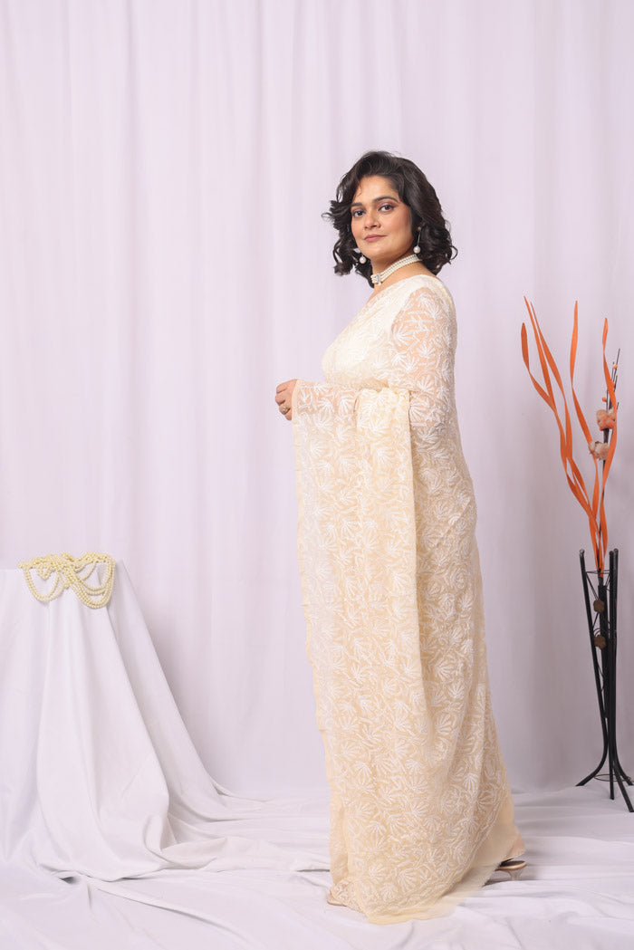 Fabnuma Handcrafted Fawn Georgette Tepchi Chikankari Saree-Blouse Fabnuma