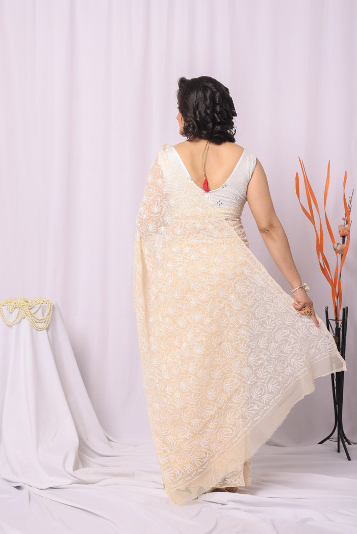 Fabnuma Handcrafted Fawn Georgette Tepchi Chikankari Saree-Blouse Fabnuma