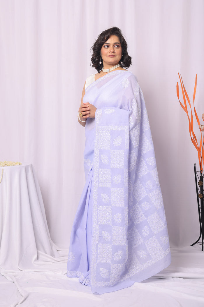 Fabnuma Handcrafted Lavender Cotton Chikankari Saree-Blouse