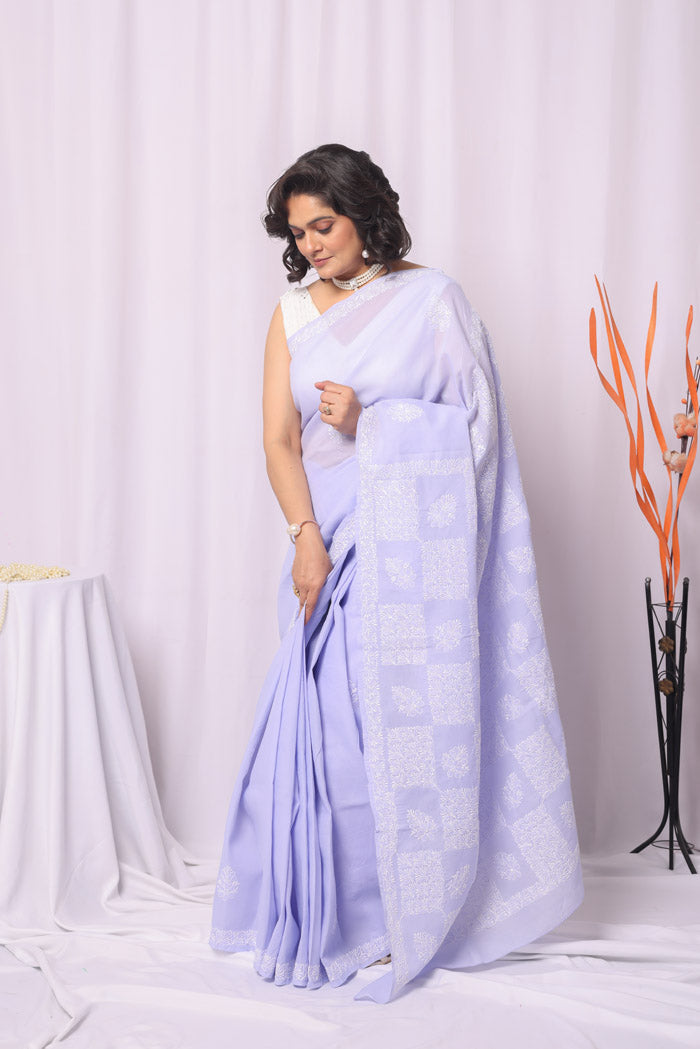 Fabnuma Handcrafted Lavender Cotton Chikankari Saree-Blouse