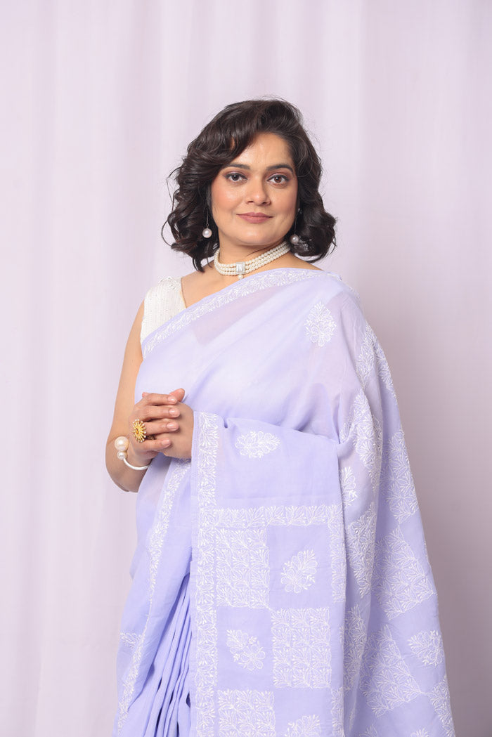 Fabnuma Handcrafted Lavender Cotton Chikankari Saree-Blouse