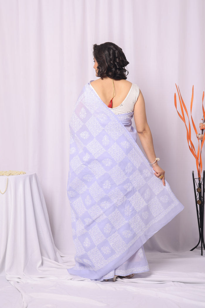 Fabnuma Handcrafted Lavender Cotton Chikankari Saree-Blouse