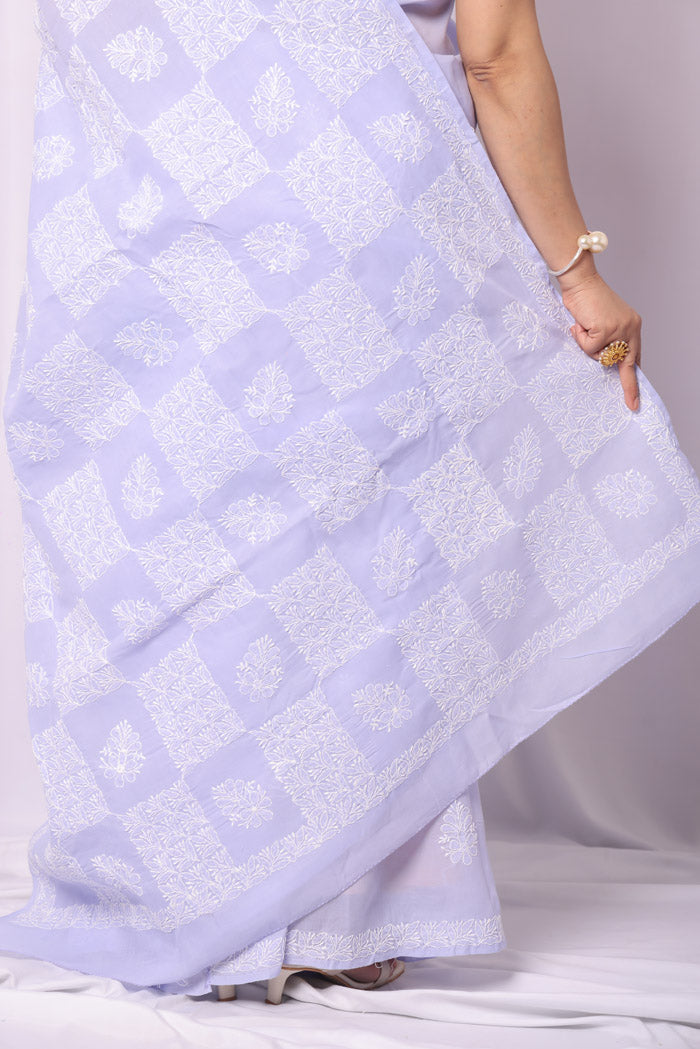 Fabnuma Handcrafted Lavender Cotton Chikankari Saree-Blouse