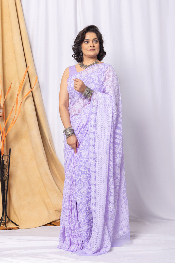 Fabnuma Handcrafted Lavender Georgette Chikankari Saree-Blouse Fabnuma