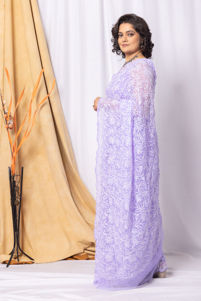 Fabnuma Handcrafted Lavender Georgette Tepchi Chikankari Saree-Blouse Fabnuma
