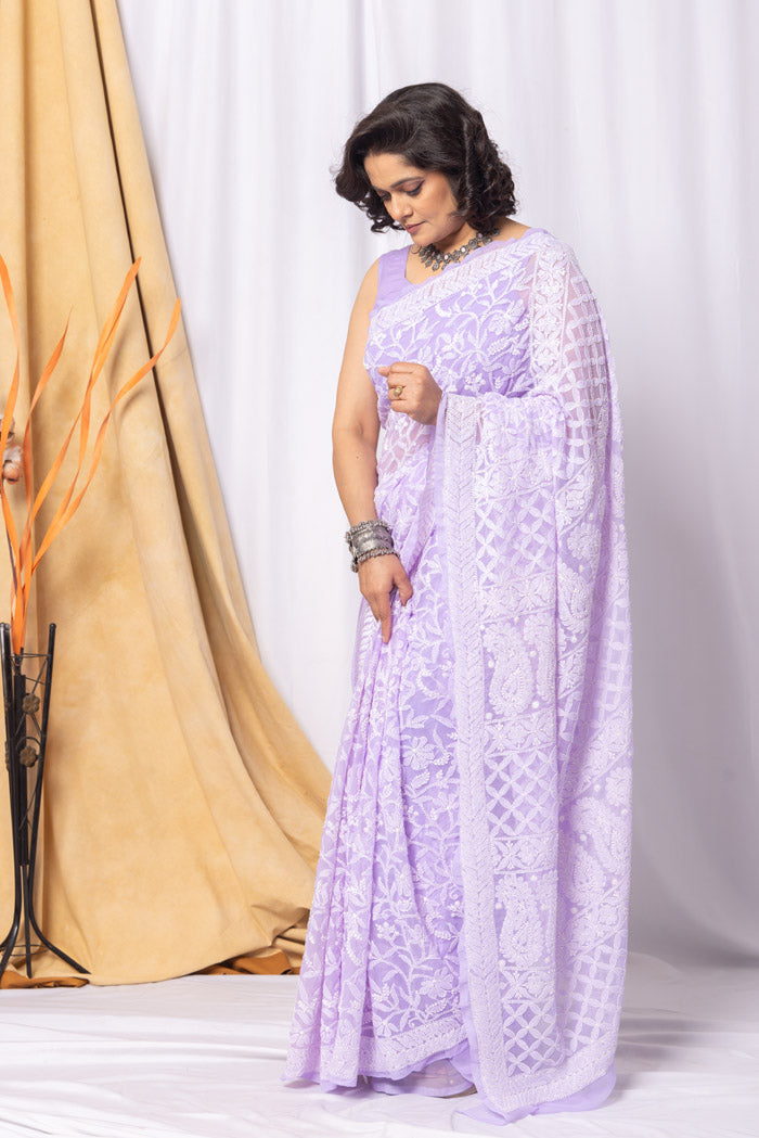 Fabnuma Handcrafted Lavender Georgette Allover Chikankari Saree-Blouse Fabnuma
