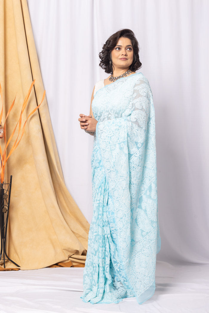 Fabnuma Handcrafted Sky Blue Georgette Allover Chikankari Saree-Blouse Fabnuma