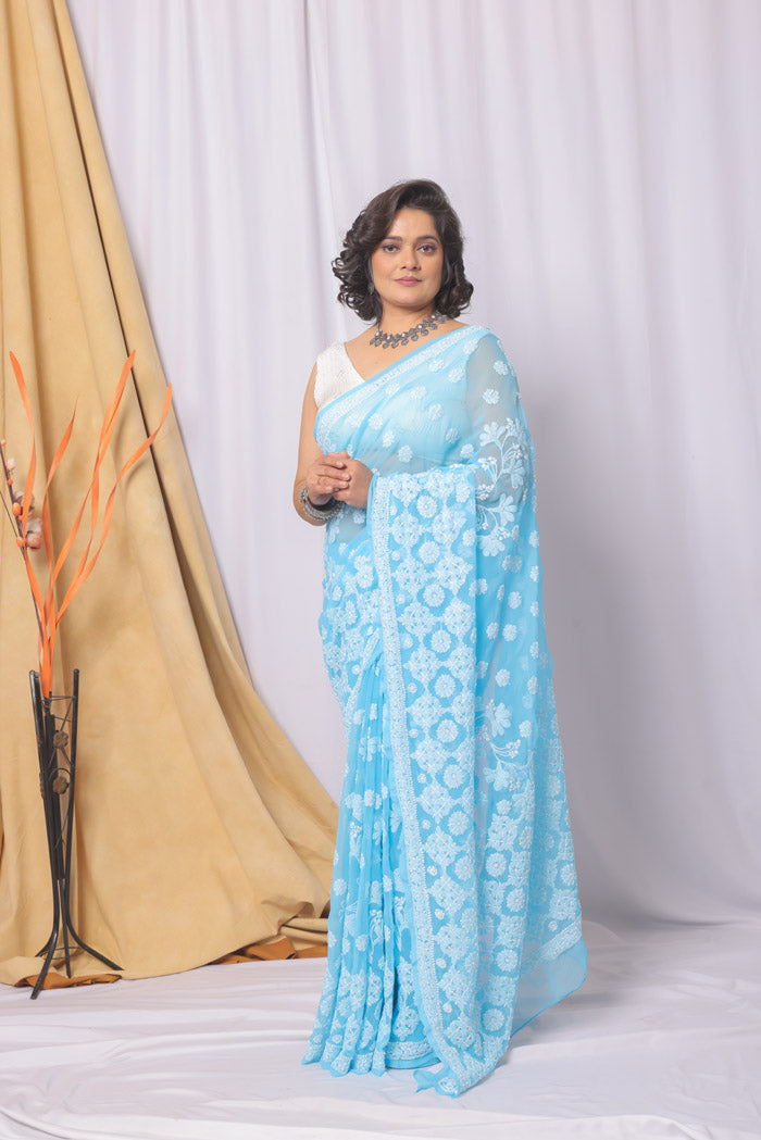 Fabnuma Handcrafted Sky Blue Georgette Chikankari Saree-Blouse Fabnuma