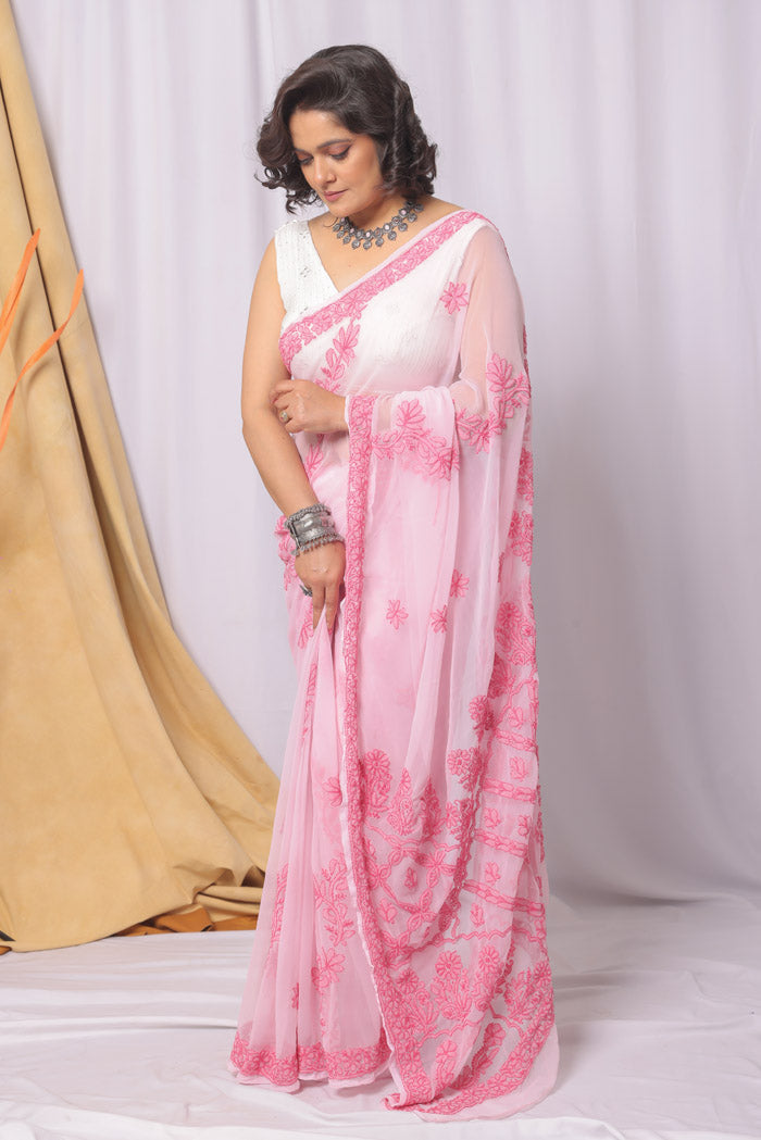 Fabnuma Handcrafted Pink Georgette Chikankari Saree-Blouse Fabnuma