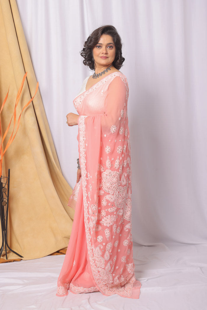 Fabnuma Handcrafted Peach Georgette Chikankari Gota Patti Work Saree-Blouse