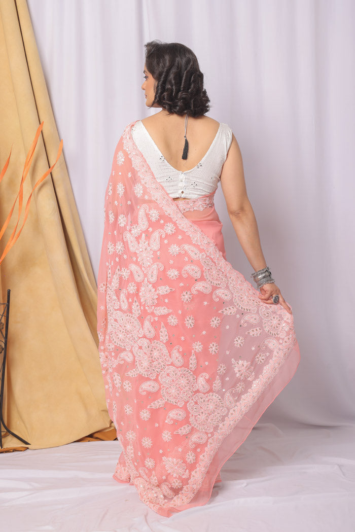 Fabnuma Handcrafted Peach Georgette Chikankari Gota Patti Work Saree-Blouse