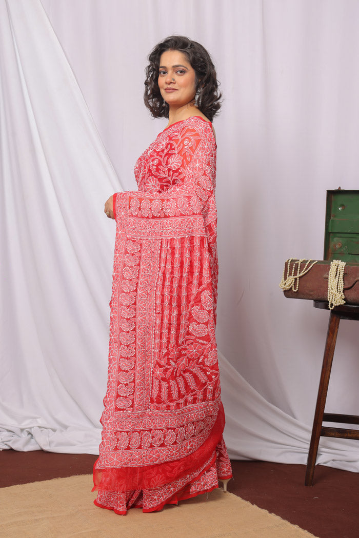 Fabnuma Handcrafted Red Georgette Chikankari Saree-Blouse Fabnuma
