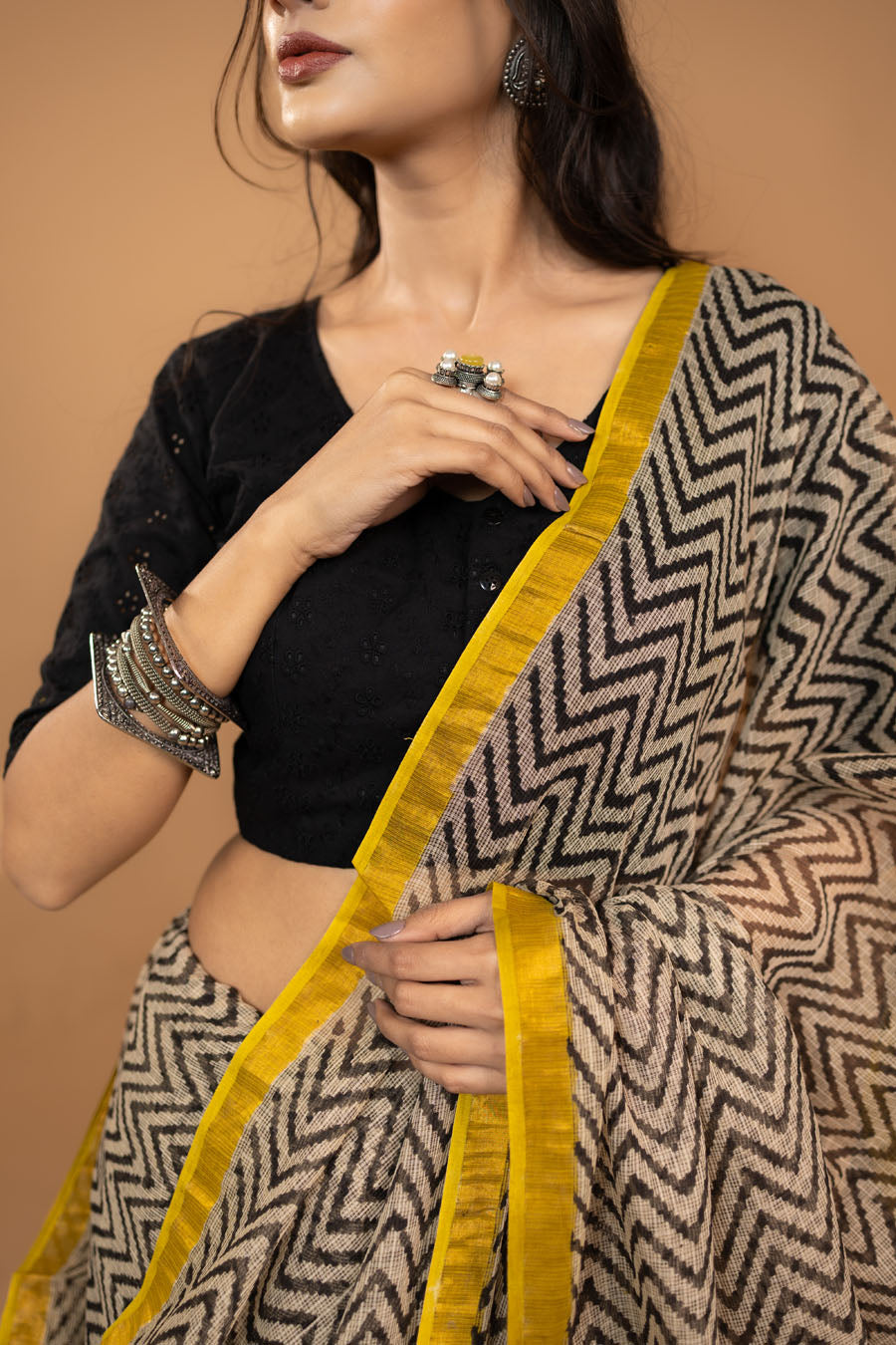 Sheer Grace black zig zag hand block printed pure kota cotton saree