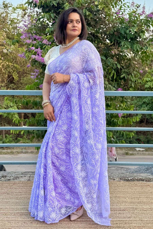 Lavender georgette Tepchi chikankari saree full drape front view