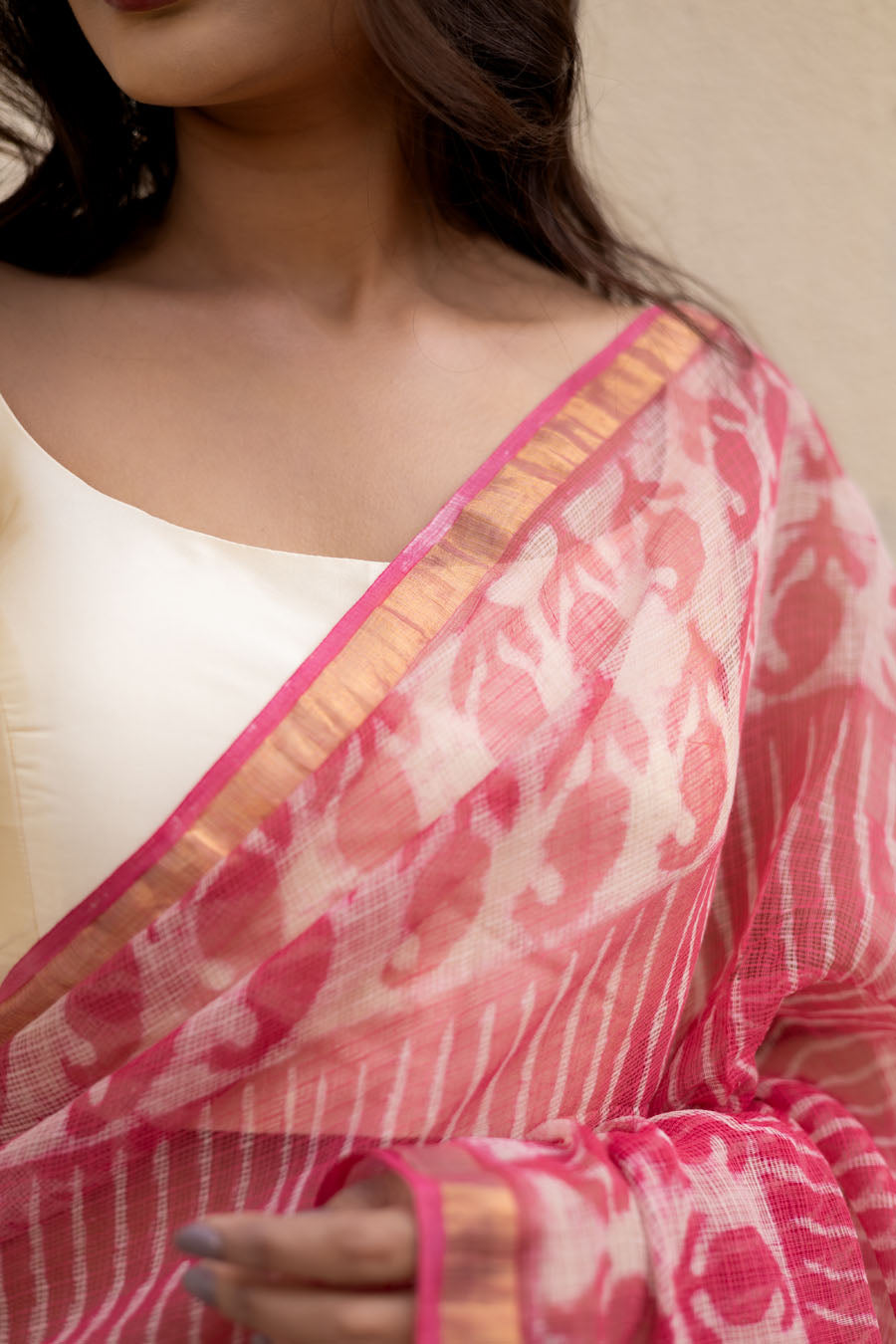 Leher Grace pink hand block printed pure kota cotton saree