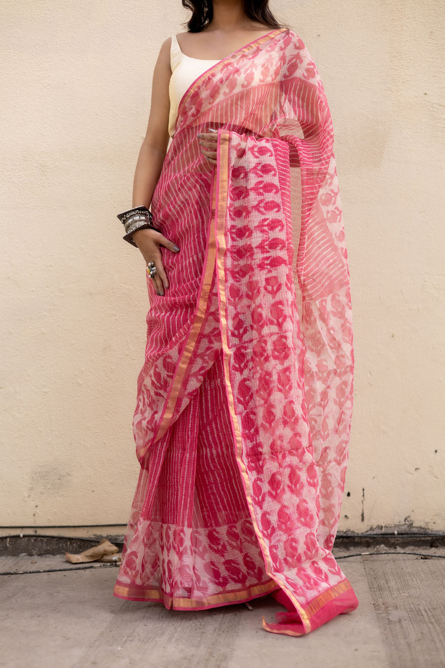 Leher Grace pink hand block printed pure kota cotton saree