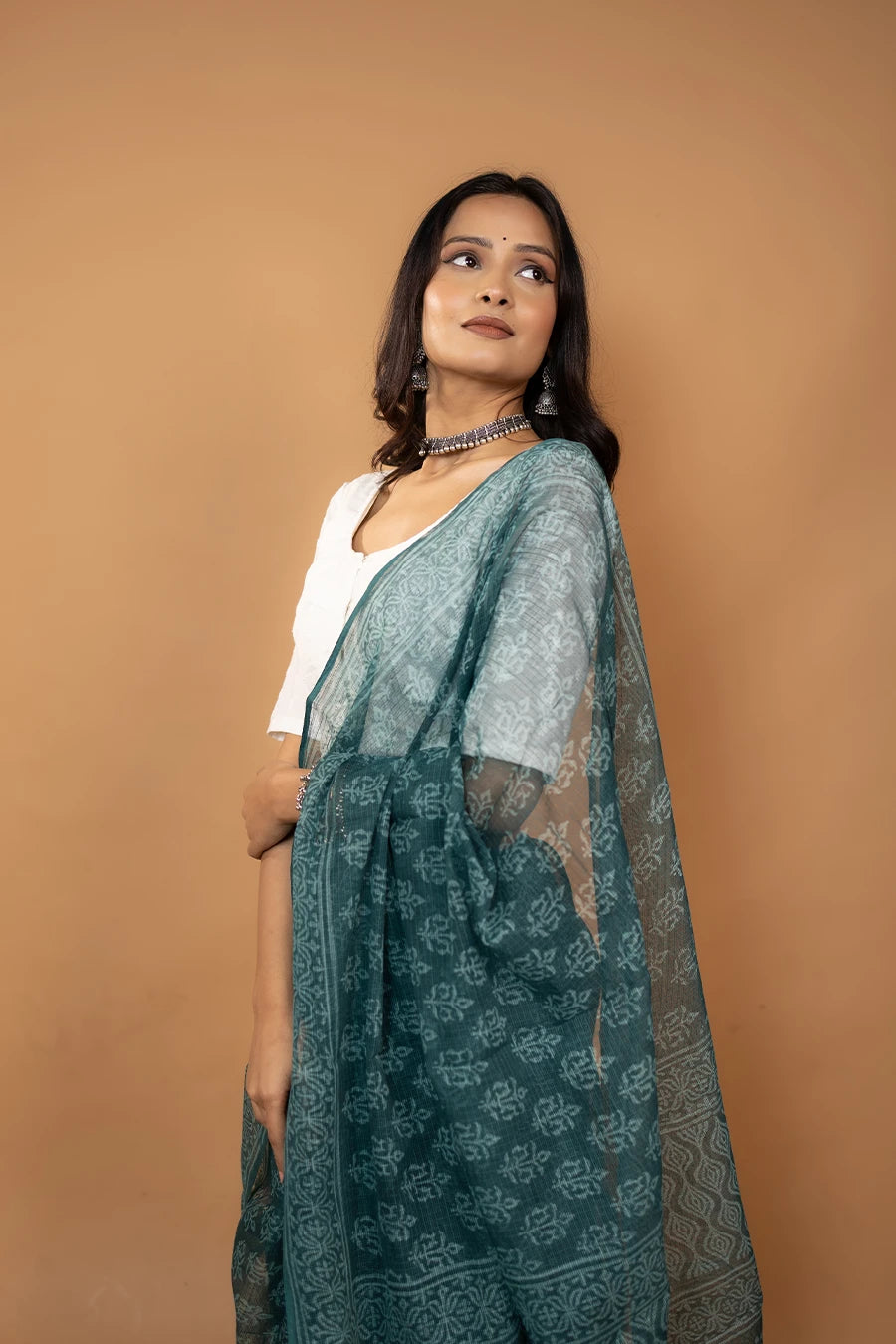 Green hand block printed pure kota cotton saree