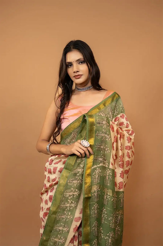 Cream block printed Maheshwari silk saree with elephant pattern