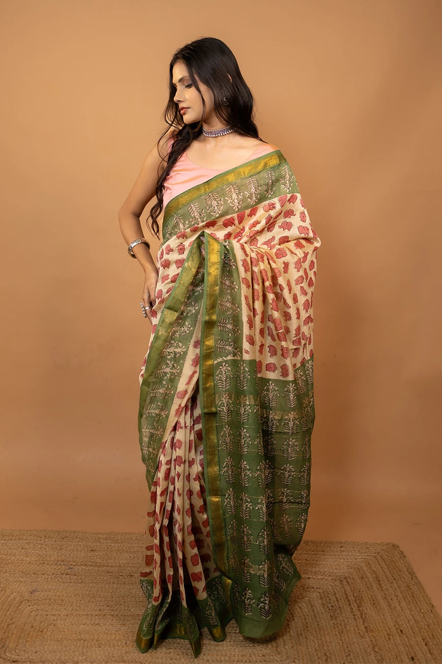 Cream block printed Maheshwari silk saree with elephant pattern