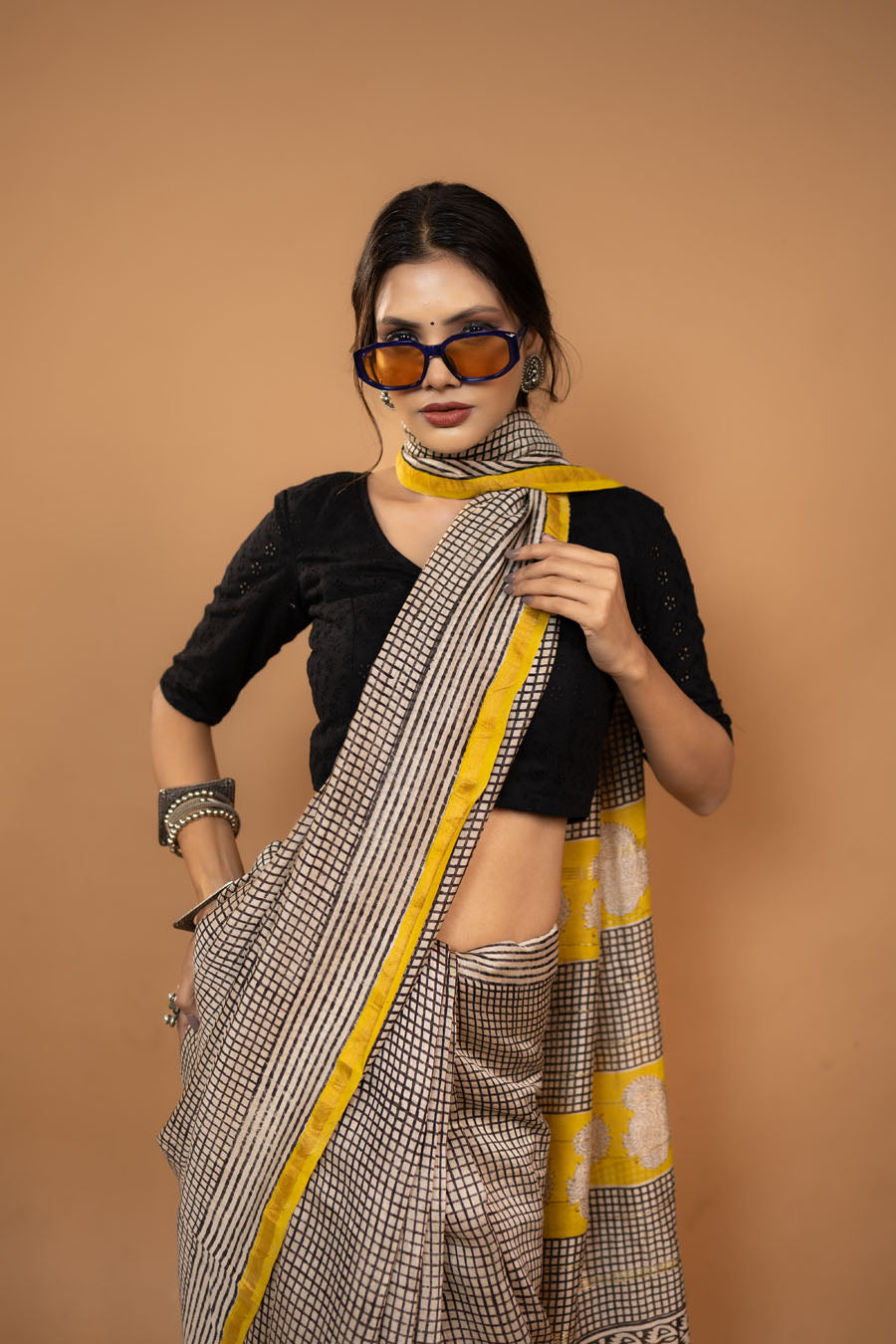 Midnight Grace black checks hand block printed Chanderi silk saree