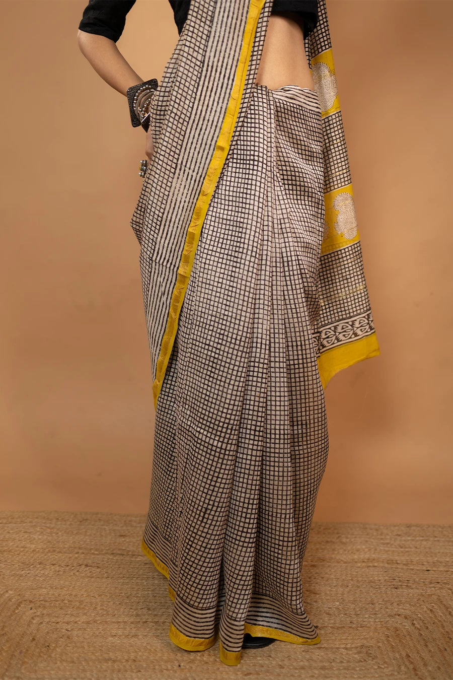 Midnight Grace black checks hand block printed Chanderi silk saree