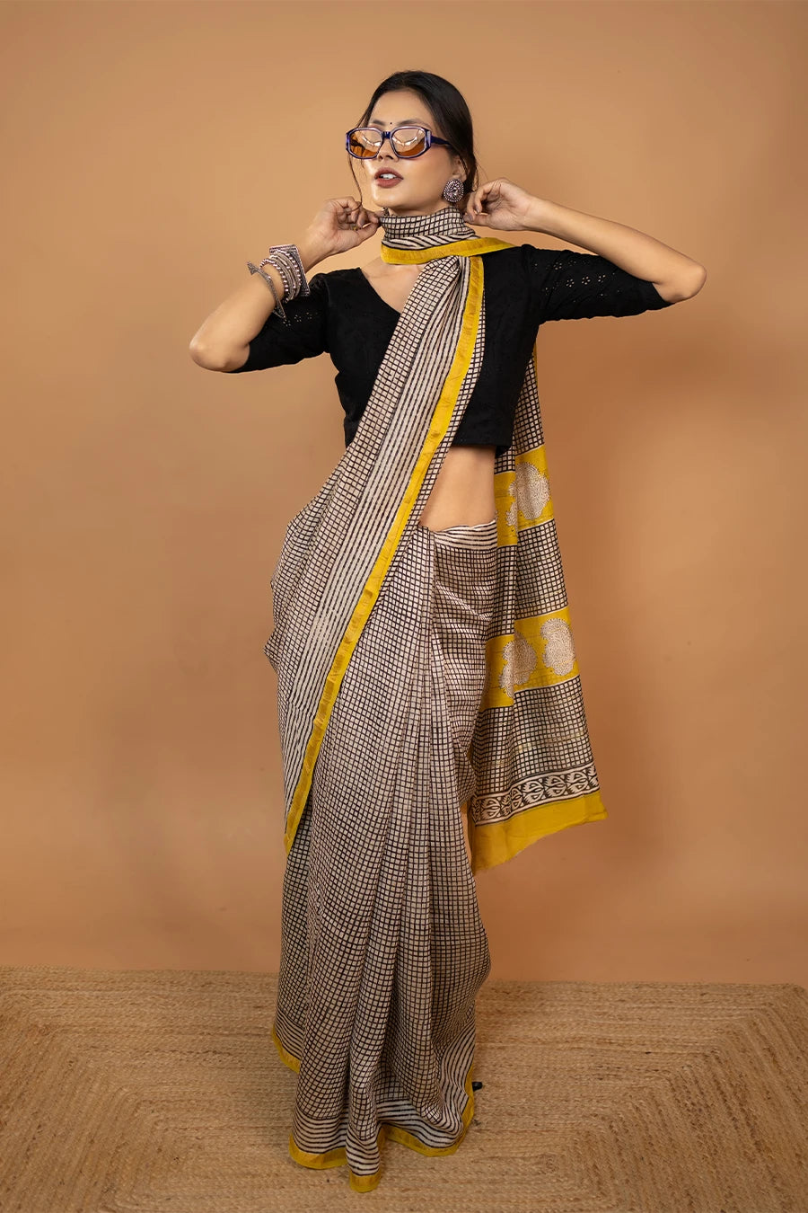 Midnight Grace black checks hand block printed Chanderi silk saree
