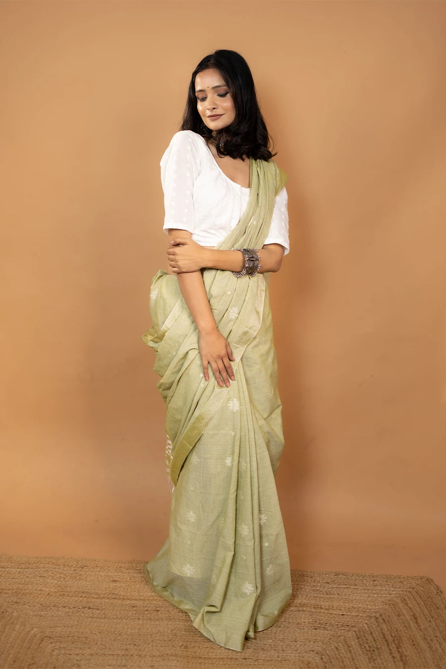 Mrinalini pista green Bengal handloom khadi cotton saree
