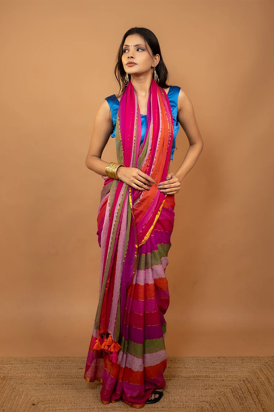 Multi colour striped pure mulmul cotton saree