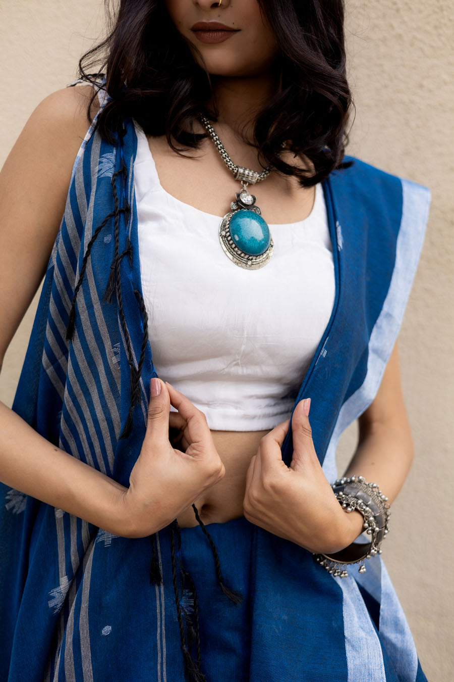 Navy blue Bengal handloom khadi cotton saree