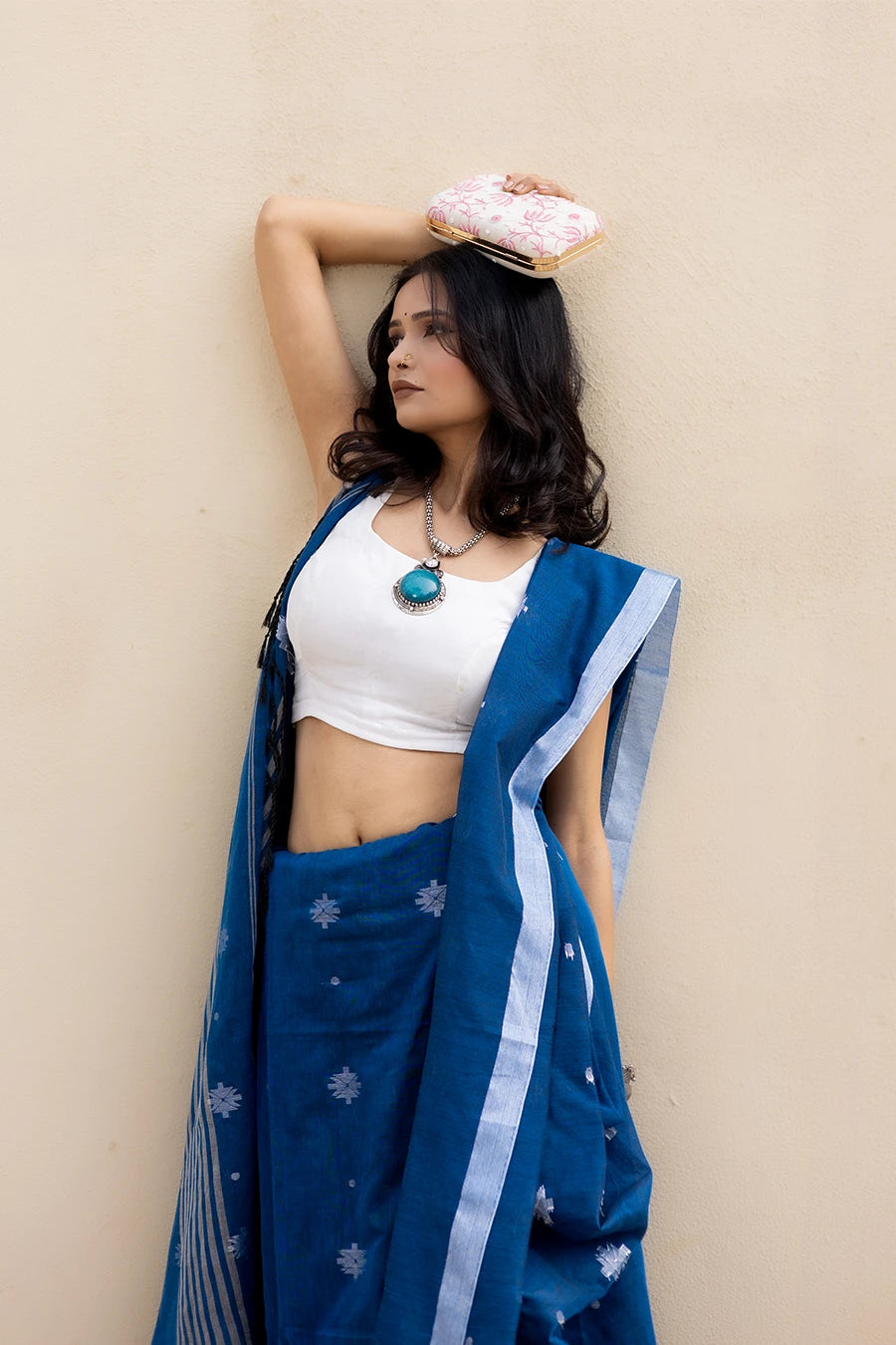 Navy blue Bengal handloom khadi cotton saree