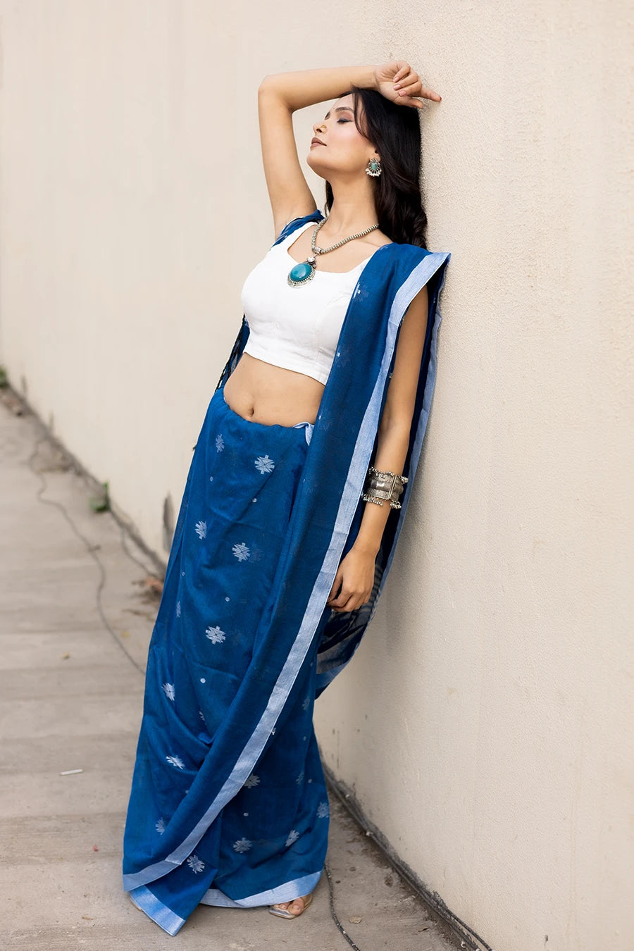 Navy blue Bengal handloom khadi cotton saree