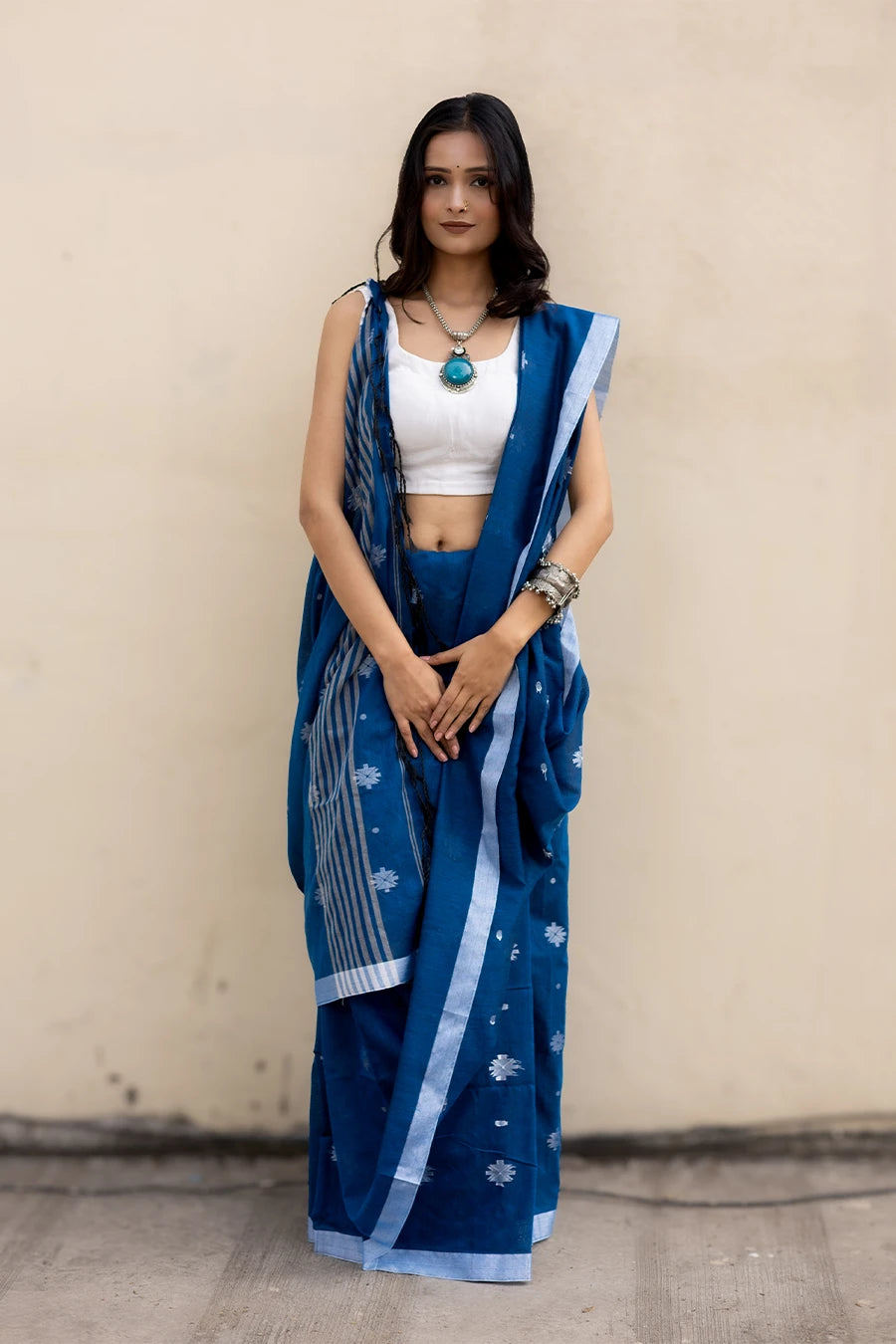 Navy blue Bengal handloom khadi cotton saree