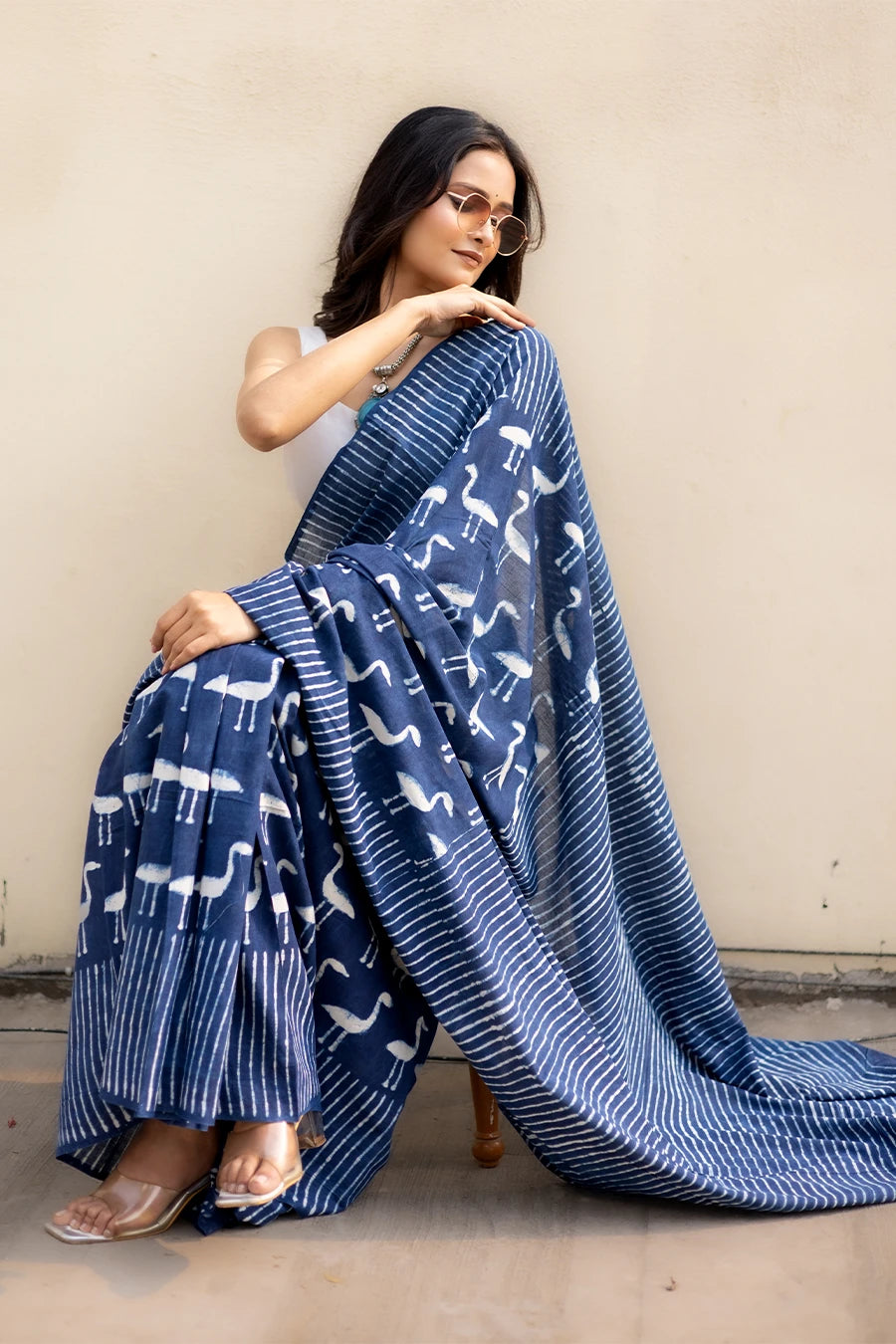 Ocean Muse indigo blue hand block printed mulmul cotton saree